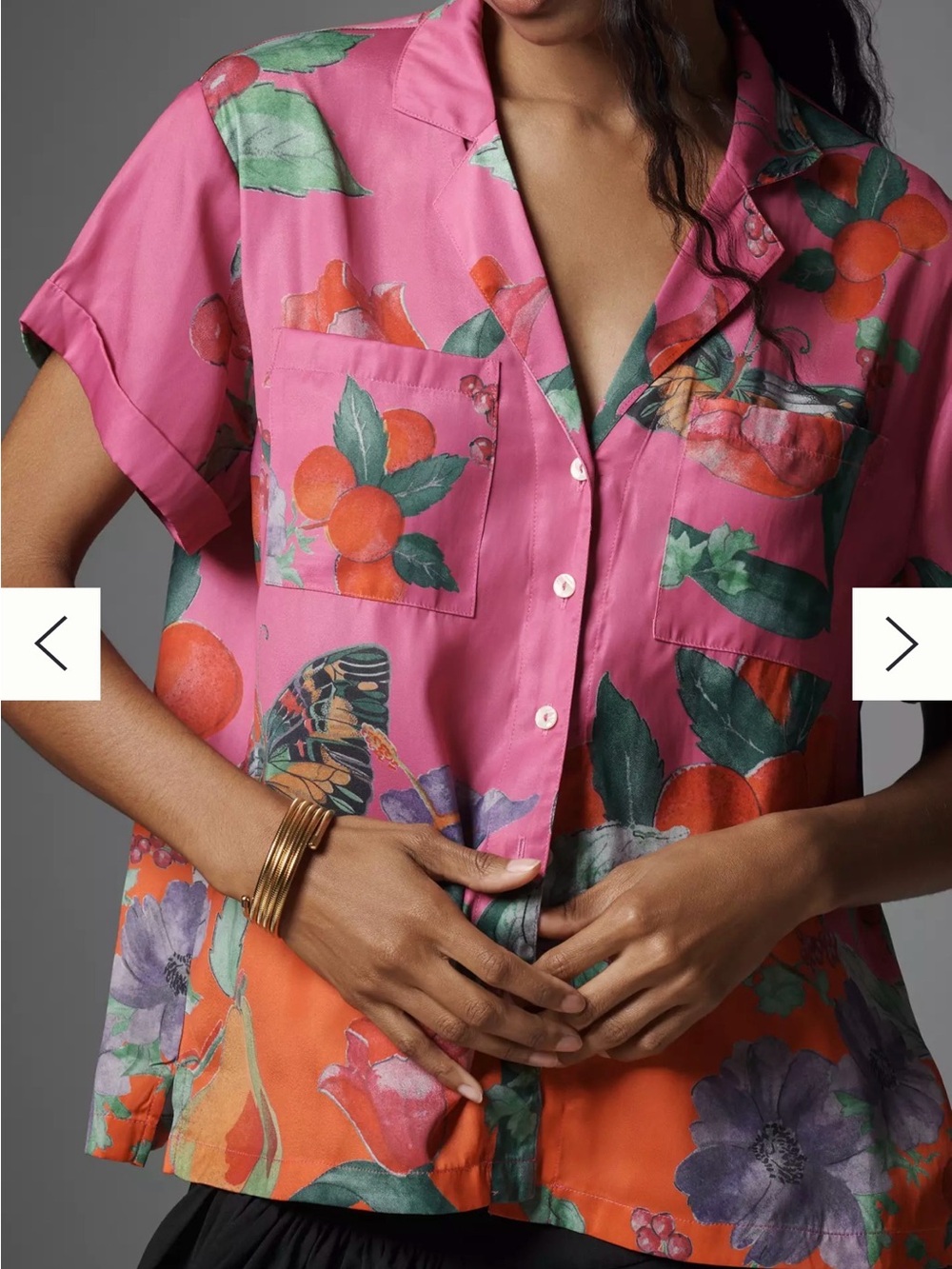 Anthropologie The Brenna Hot Pink Floral Fruit Button Down Shirt